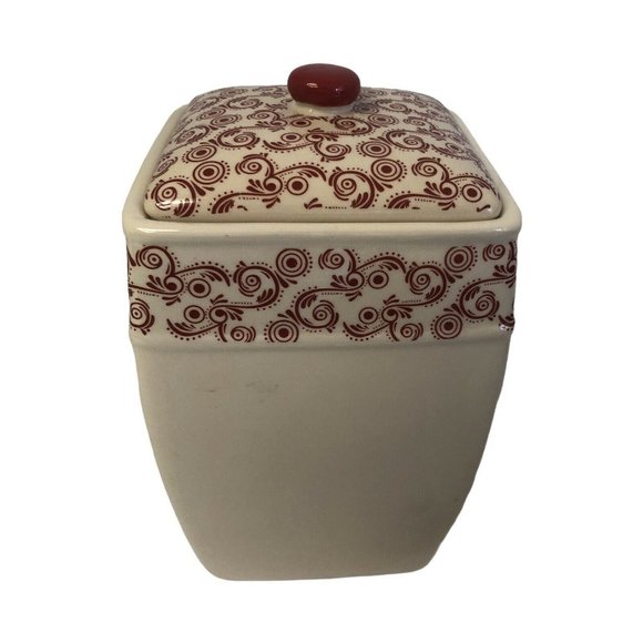 Nonnis Stoneware Canister  Sugar Red Beige Floral  8 1/2" X 5" x 5" - Picture 5 of 5